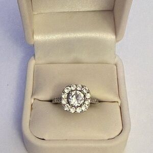 Classic Halo Style Engagement Ring in Silver Tone Size 8